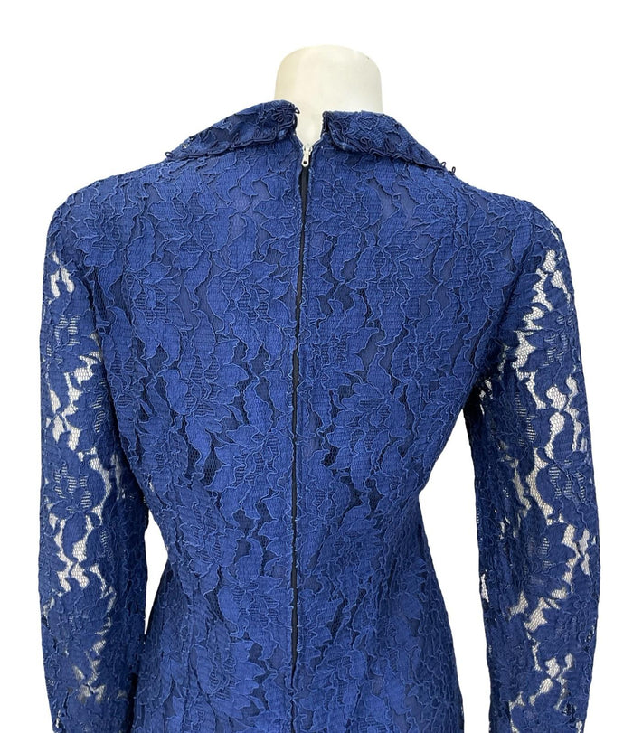 VTG 60S 70S NAVY BLUE LACE MOD DIAMANTE EMPIRE LONG SLEEVE PARTY SHIRT DRESS 14