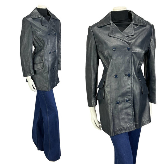 VTG 60S 70S NAVY BLUE LEATHER MOD DOUBLE BREAST CROPPED SLEEVE JACKET 14
