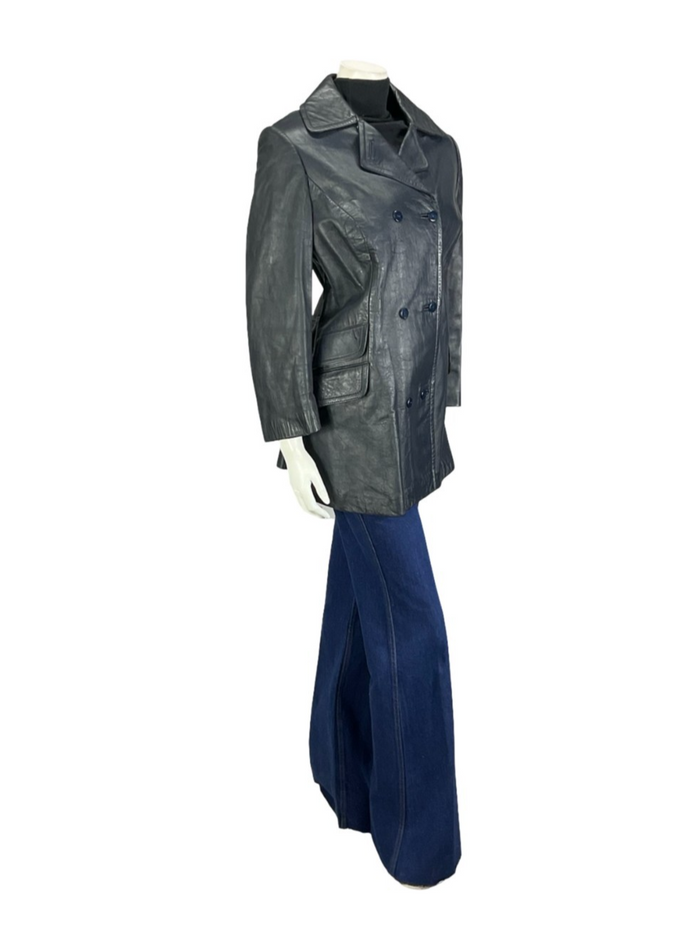 VTG 60S 70S NAVY BLUE LEATHER MOD DOUBLE BREAST CROPPED SLEEVE JACKET 14