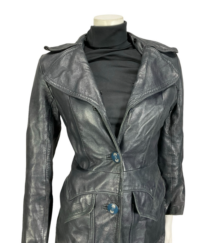 VTG 60S 70S NAVY BLUE LEATHER MOD TRENCH JACKET WITH POCKETS 10