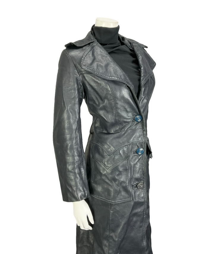 VTG 60S 70S NAVY BLUE LEATHER MOD TRENCH JACKET WITH POCKETS 10