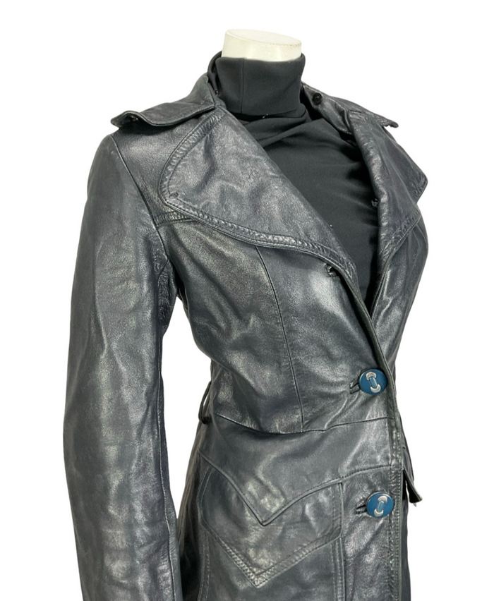 VTG 60S 70S NAVY BLUE LEATHER MOD TRENCH JACKET WITH POCKETS 10