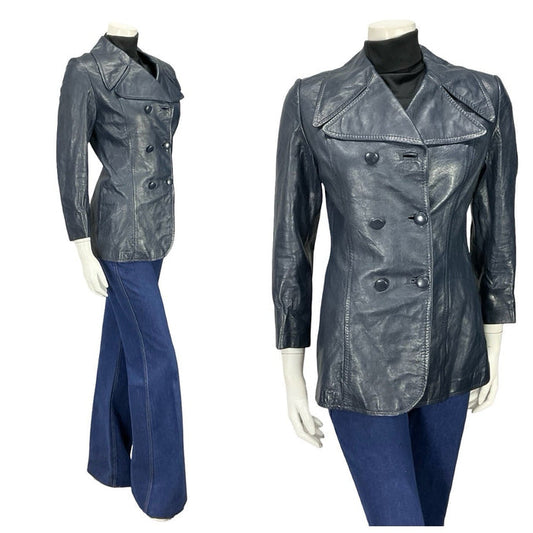 VTG 60S 70S NAVY BLUE MOD LEATHER DOUBLE BREASTED CROPPED TRENCH MAC JACKET 10