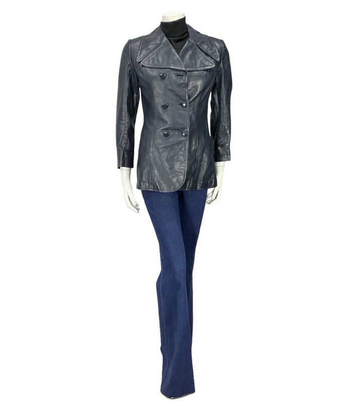 VTG 60S 70S NAVY BLUE MOD LEATHER DOUBLE BREASTED CROPPED TRENCH MAC JACKET 10