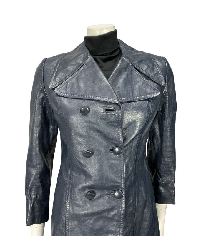 VTG 60S 70S NAVY BLUE MOD LEATHER DOUBLE BREASTED CROPPED TRENCH MAC JACKET 10