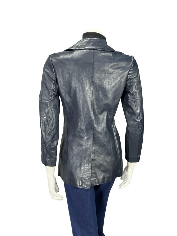 VTG 60S 70S NAVY BLUE MOD LEATHER DOUBLE BREASTED CROPPED TRENCH MAC JACKET 10