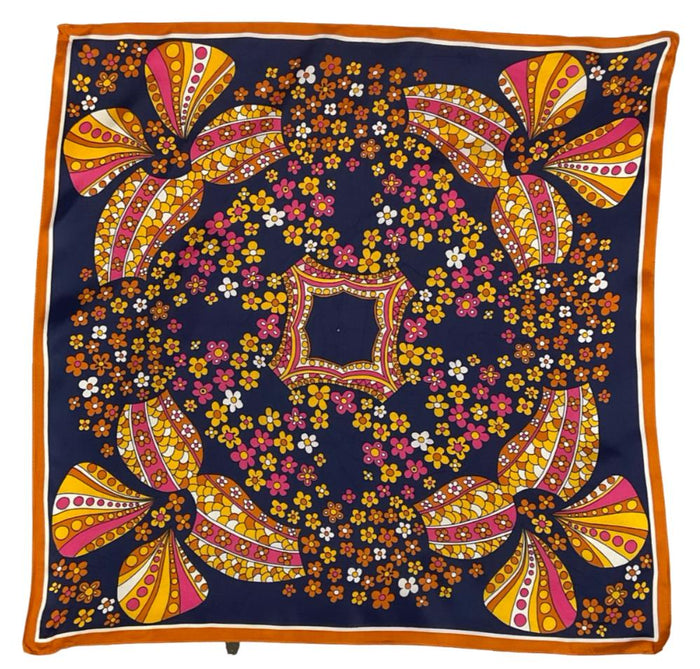 VTG 60S 70S NAVY BLUE ORANGE PINK YELLO WHITE PSYCHEDELIC FLORAL SCALES SCARF