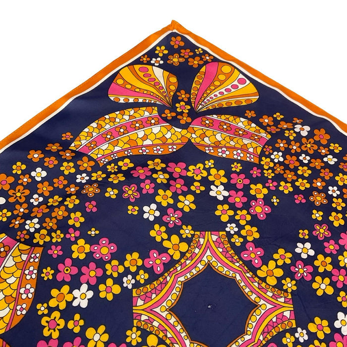VTG 60S 70S NAVY BLUE ORANGE PINK YELLO WHITE PSYCHEDELIC FLORAL SCALES SCARF