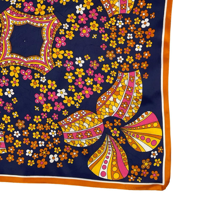 VTG 60S 70S NAVY BLUE ORANGE PINK YELLO WHITE PSYCHEDELIC FLORAL SCALES SCARF