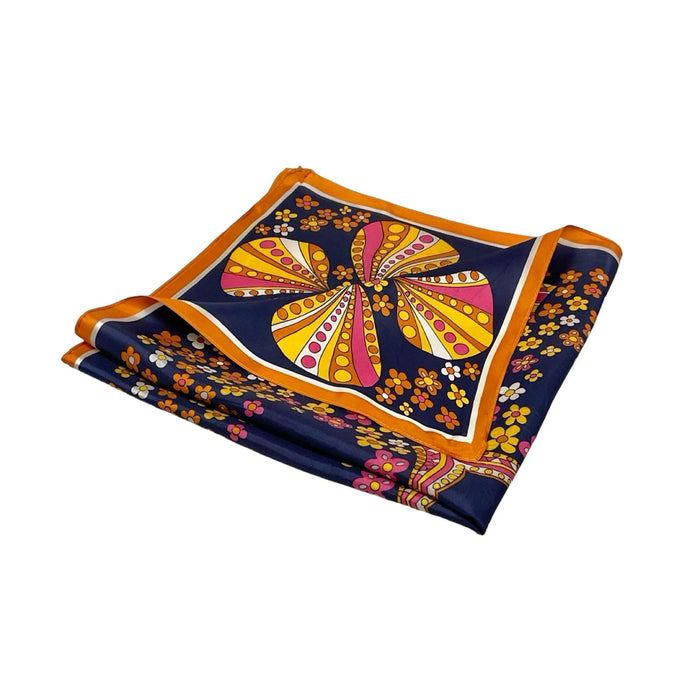 VTG 60S 70S NAVY BLUE ORANGE PINK YELLO WHITE PSYCHEDELIC FLORAL SCALES SCARF