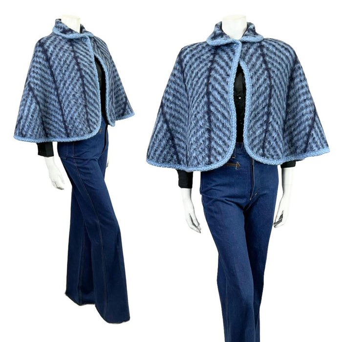 Vintage 60s 70s blue chevron French pure wool short cape with peter pan collar on a white mannequin wearing blue flared jeans