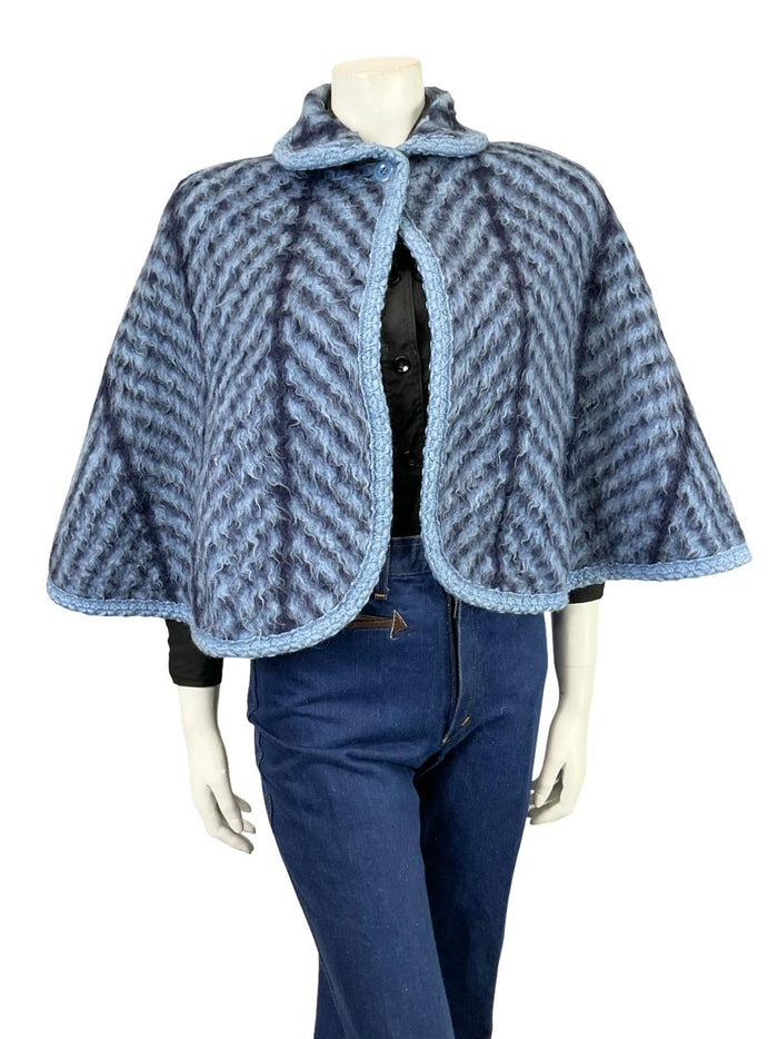 VTG 60S 70S NAVY BLUE PURE WOOL CHEVRON ZIG ZAG PETER PAN COLLAR SHORT CAPE 8 10