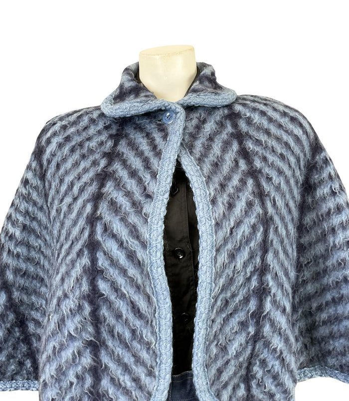 VTG 60S 70S NAVY BLUE PURE WOOL CHEVRON ZIG ZAG PETER PAN COLLAR SHORT CAPE 8 10