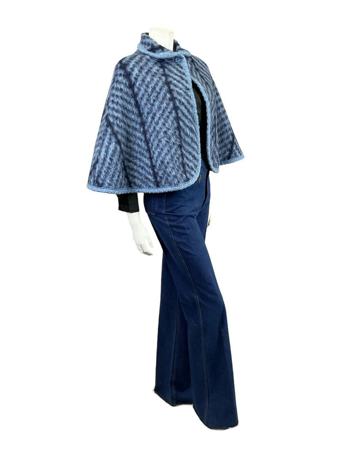 VTG 60S 70S NAVY BLUE PURE WOOL CHEVRON ZIG ZAG PETER PAN COLLAR SHORT CAPE 8 10