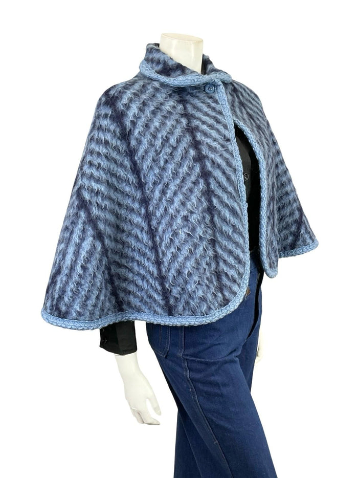 VTG 60S 70S NAVY BLUE PURE WOOL CHEVRON ZIG ZAG PETER PAN COLLAR SHORT CAPE 8 10