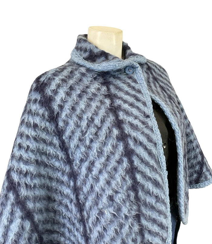 VTG 60S 70S NAVY BLUE PURE WOOL CHEVRON ZIG ZAG PETER PAN COLLAR SHORT CAPE 8 10