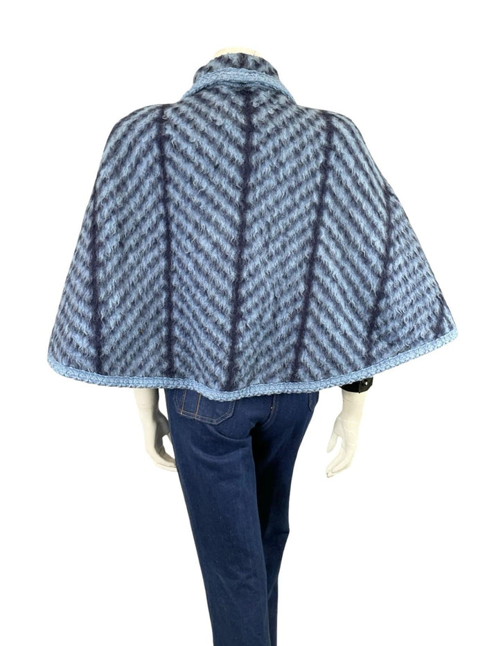 VTG 60S 70S NAVY BLUE PURE WOOL CHEVRON ZIG ZAG PETER PAN COLLAR SHORT CAPE 8 10