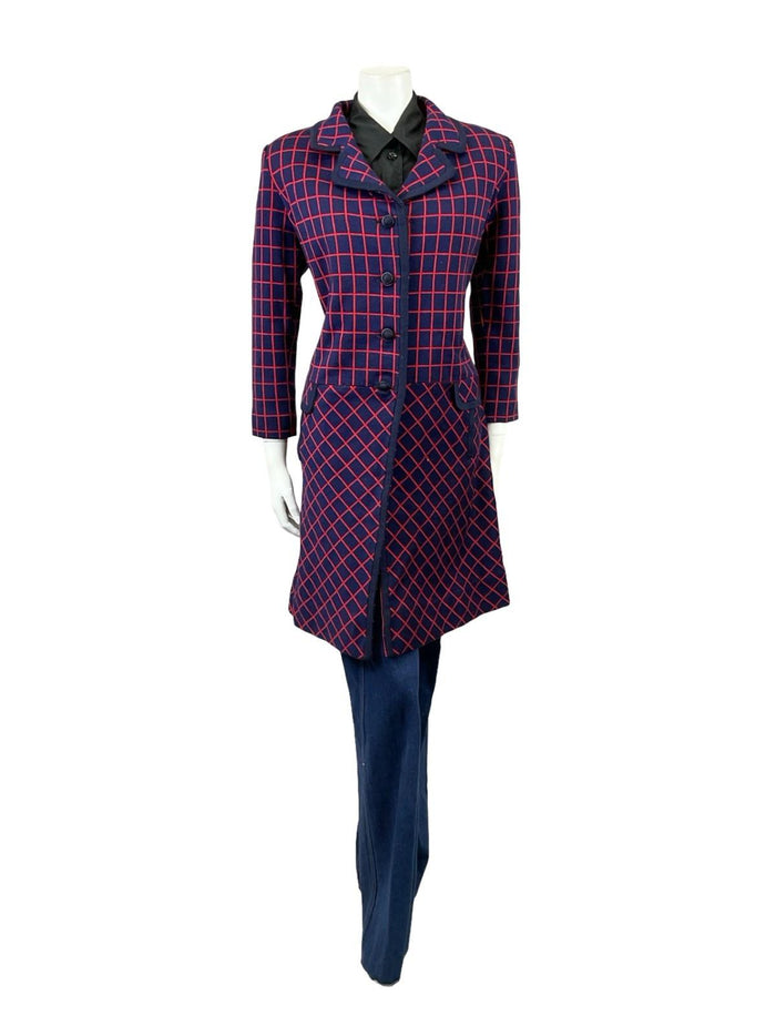 VTG 60S 70S NAVY BLUE RED GEOMETRIC GRID DROPPED WAIST MOD COAT 14