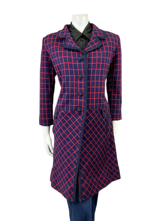 VTG 60S 70S NAVY BLUE RED GEOMETRIC GRID DROPPED WAIST MOD COAT 14