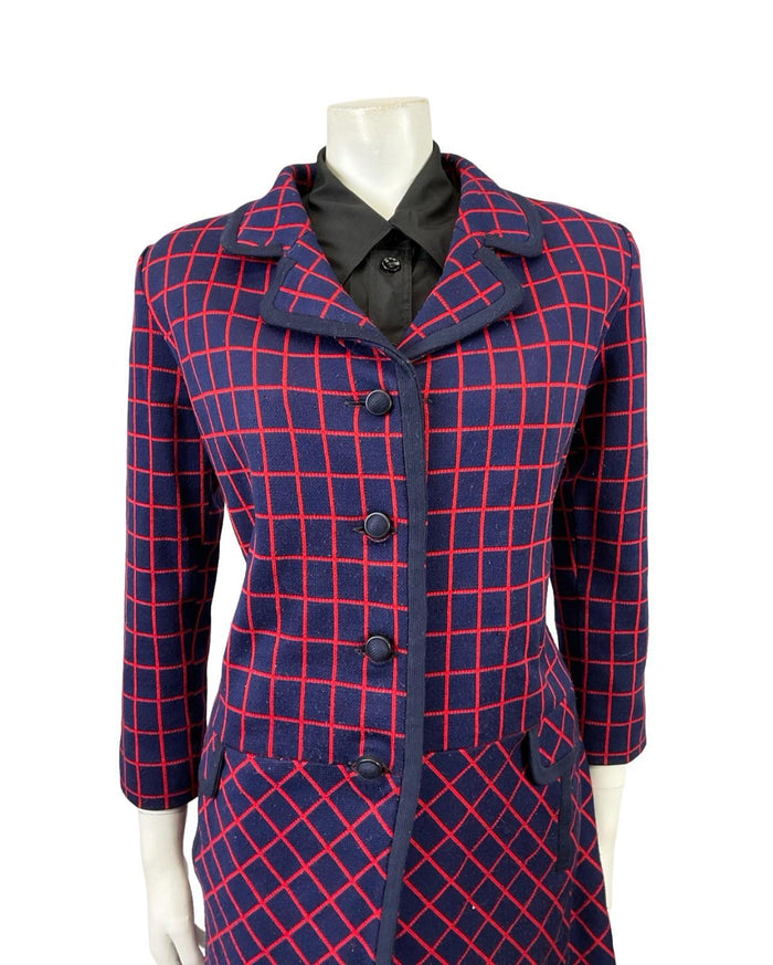 VTG 60S 70S NAVY BLUE RED GEOMETRIC GRID DROPPED WAIST MOD COAT 14