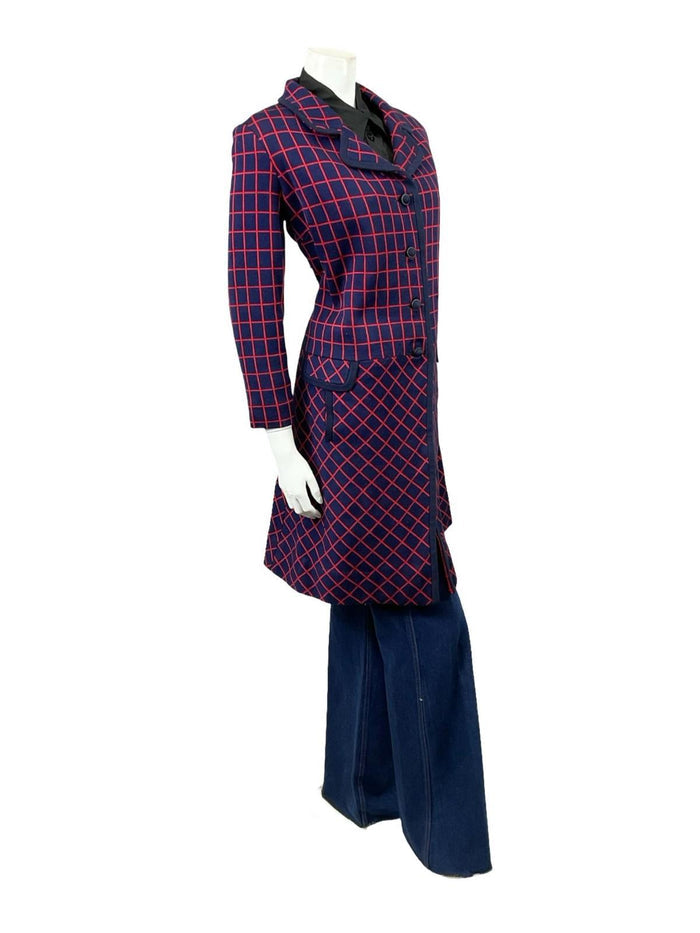 VTG 60S 70S NAVY BLUE RED GEOMETRIC GRID DROPPED WAIST MOD COAT 14