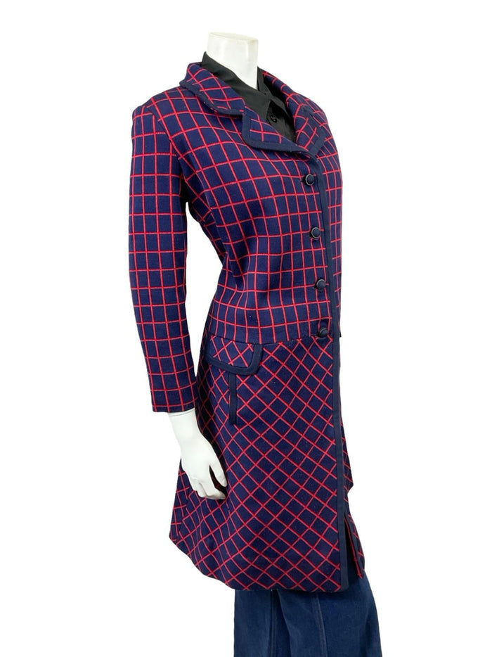 VTG 60S 70S NAVY BLUE RED GEOMETRIC GRID DROPPED WAIST MOD COAT 14