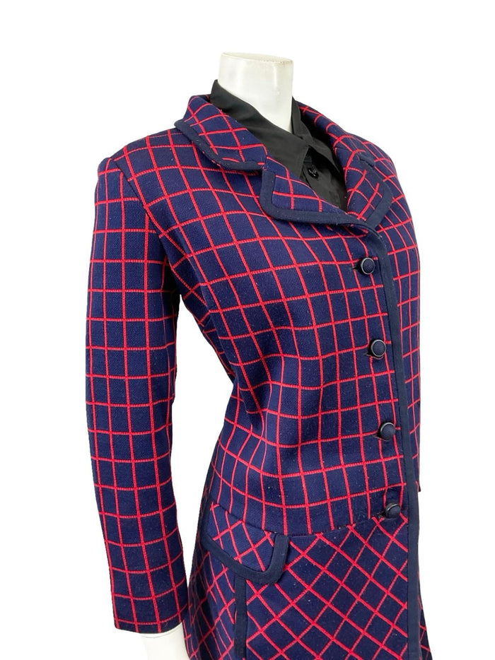 VTG 60S 70S NAVY BLUE RED GEOMETRIC GRID DROPPED WAIST MOD COAT 14