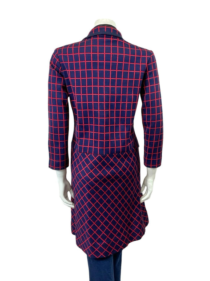 VTG 60S 70S NAVY BLUE RED GEOMETRIC GRID DROPPED WAIST MOD COAT 14