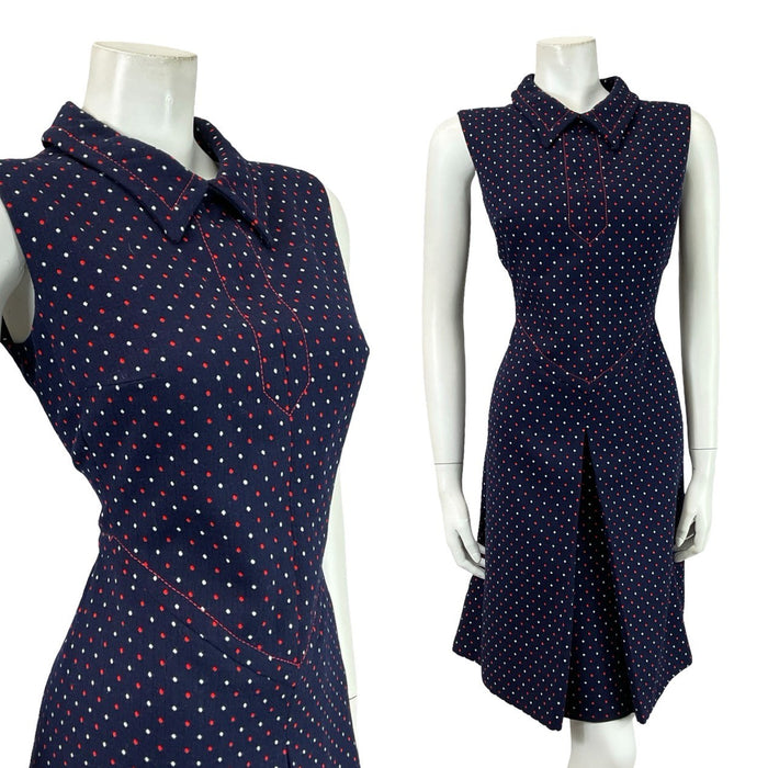 VTG 60S 70S NAVY BLUE RED WHITE POLKA DOT GEOMETRIC PLEAT MOD SHIRT DRESS 12