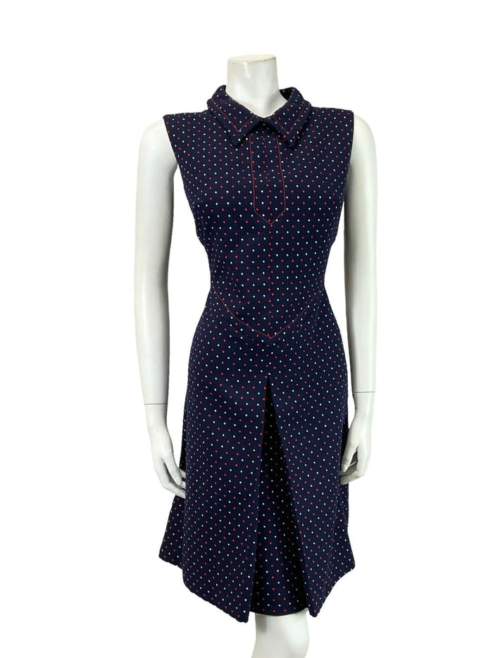 VTG 60S 70S NAVY BLUE RED WHITE POLKA DOT GEOMETRIC PLEAT MOD SHIRT DRESS 12