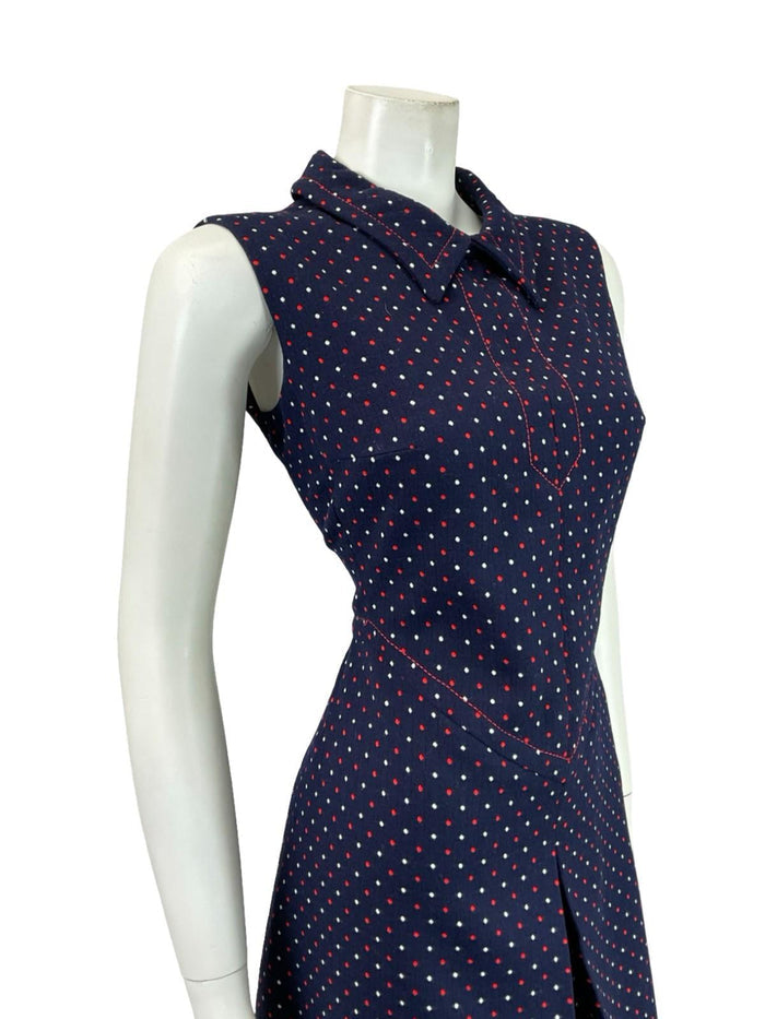 VTG 60S 70S NAVY BLUE RED WHITE POLKA DOT GEOMETRIC PLEAT MOD SHIRT DRESS 12
