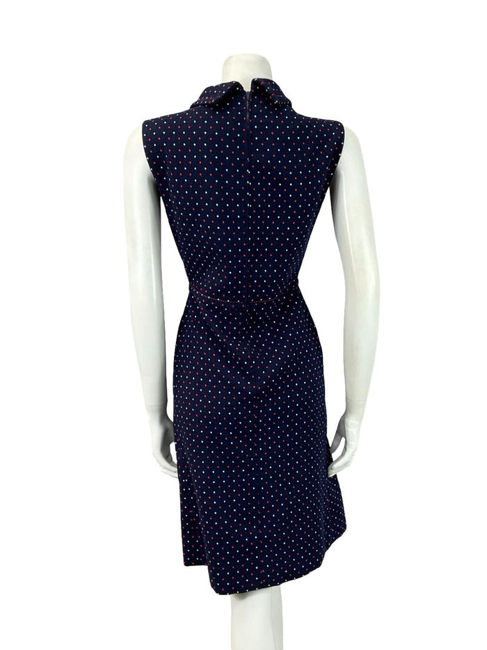 VTG 60S 70S NAVY BLUE RED WHITE POLKA DOT GEOMETRIC PLEAT MOD SHIRT DRESS 12