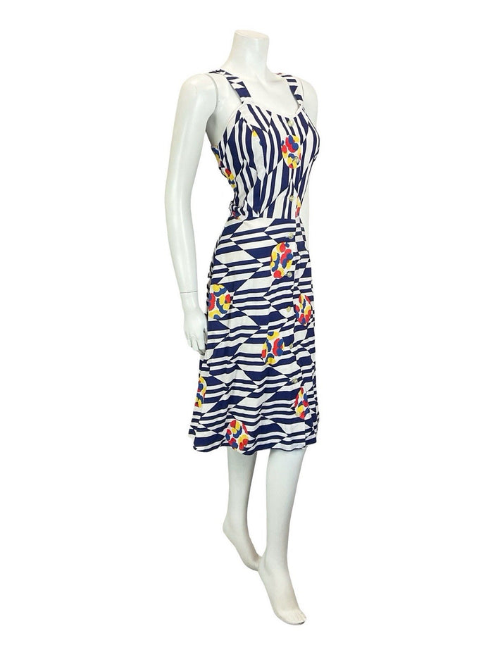 VTG 60S 70S NAVY BLUE WHITE CHEVRON GEOMETRIC FLORAL STRAPPY SUN DRESS 10 12