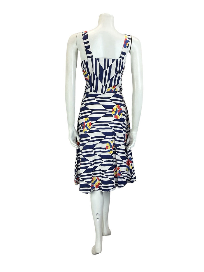 VTG 60S 70S NAVY BLUE WHITE CHEVRON GEOMETRIC FLORAL STRAPPY SUN DRESS 10 12
