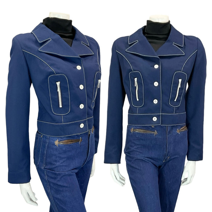 VTG 60S 70S NAVY BLUE WHITE CONTRAST STITCHING MOD NAUTICAL CROPPED JACKET 12