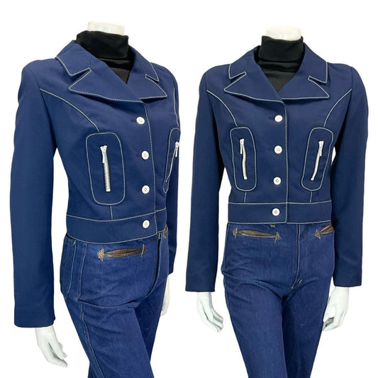 VTG 60S 70S NAVY BLUE WHITE CONTRAST STITCHING MOD NAUTICAL CROPPED JACKET 12