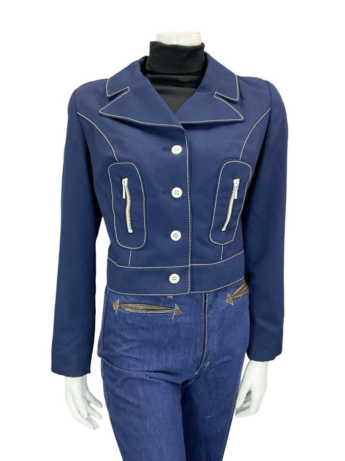 VTG 60S 70S NAVY BLUE WHITE CONTRAST STITCHING MOD NAUTICAL CROPPED JACKET 12