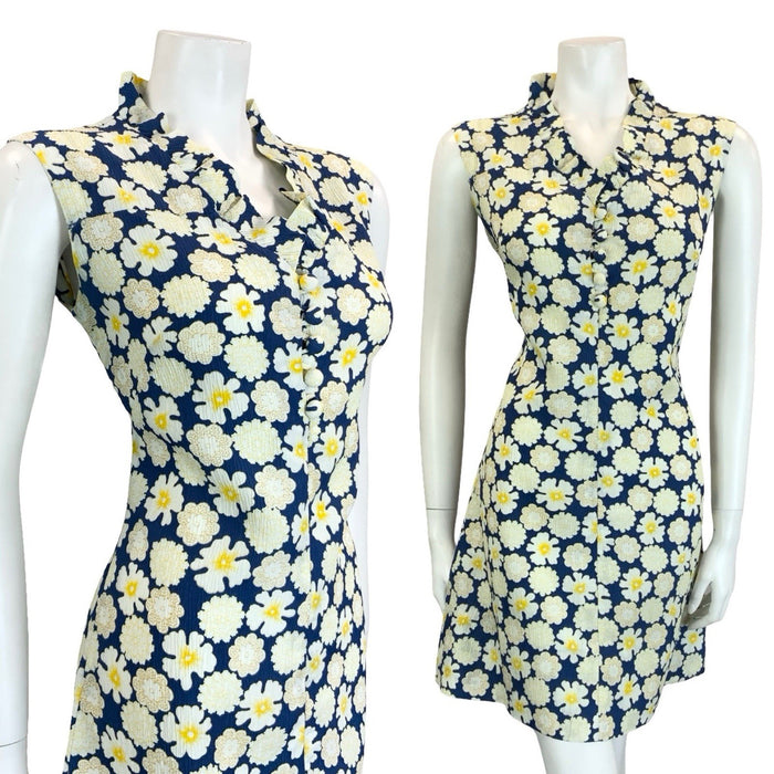 VTG 60S 70S NAVY BLUE WHITE YELLOW RUFFLE V NECK FLORAL MOD SHIFT DRESS 10