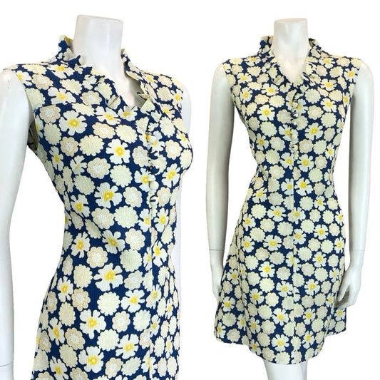 VTG 60S 70S NAVY BLUE WHITE YELLOW RUFFLE V NECK FLORAL MOD SHIFT DRESS 10