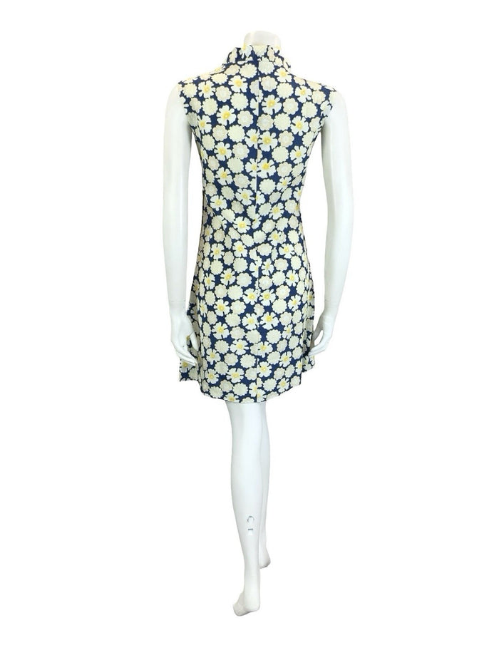 VTG 60S 70S NAVY BLUE WHITE YELLOW RUFFLE V NECK FLORAL MOD SHIFT DRESS 10