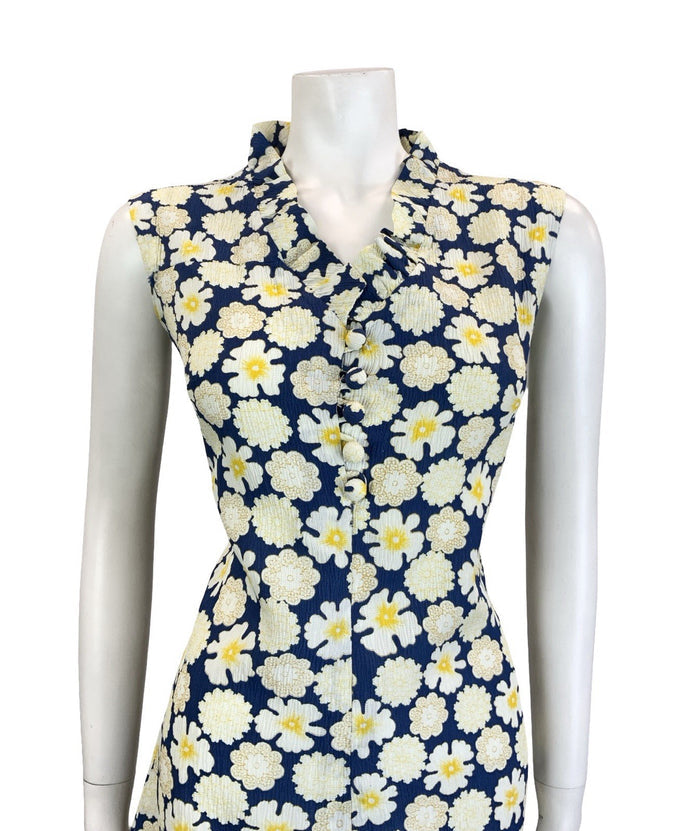 VTG 60S 70S NAVY BLUE WHITE YELLOW RUFFLE V NECK FLORAL MOD SHIFT DRESS 10