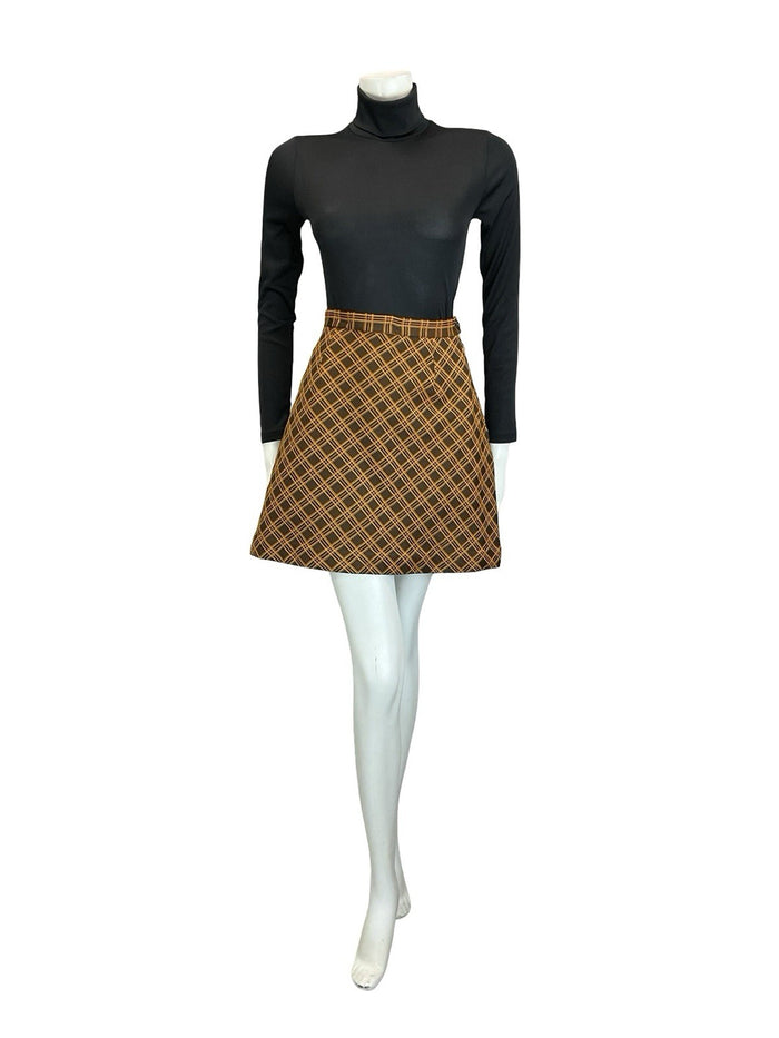 VTG 60S 70S ORANGE BROWN MOD PREPPY A LINE CHECKED PLAID MINI SKIRT 4