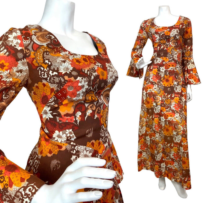 VTG 60s 70s ORANGE BROWN RED PSYCHEDELIC FLORAL BOHO MOD FLOUNCE MAXI DRESS 8 10