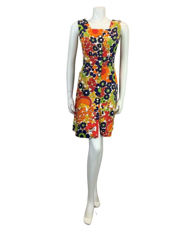 VTG 60s 70s ORANGE NAVY BLUE RED YELLOW PSYCHEDELIC FLOWER PRINT DRESS 10 12