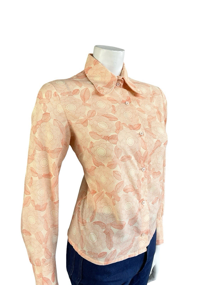 VTG 60S 70S ORANGE PEACH GEOMETRIC PSYCH FLORAL DOG EAR BEAGLE COLLAR SHIRT 12