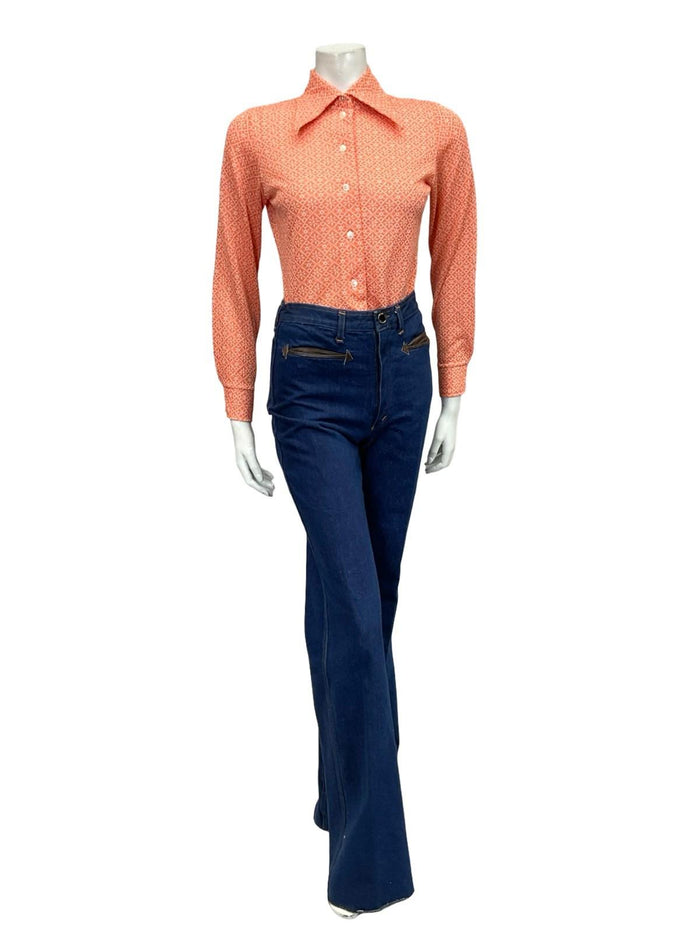 VTG 60S 70S ORANGE WHITE MOD GEOMETRIC DAGGER COLLAR GRID TILE SHIRT 8