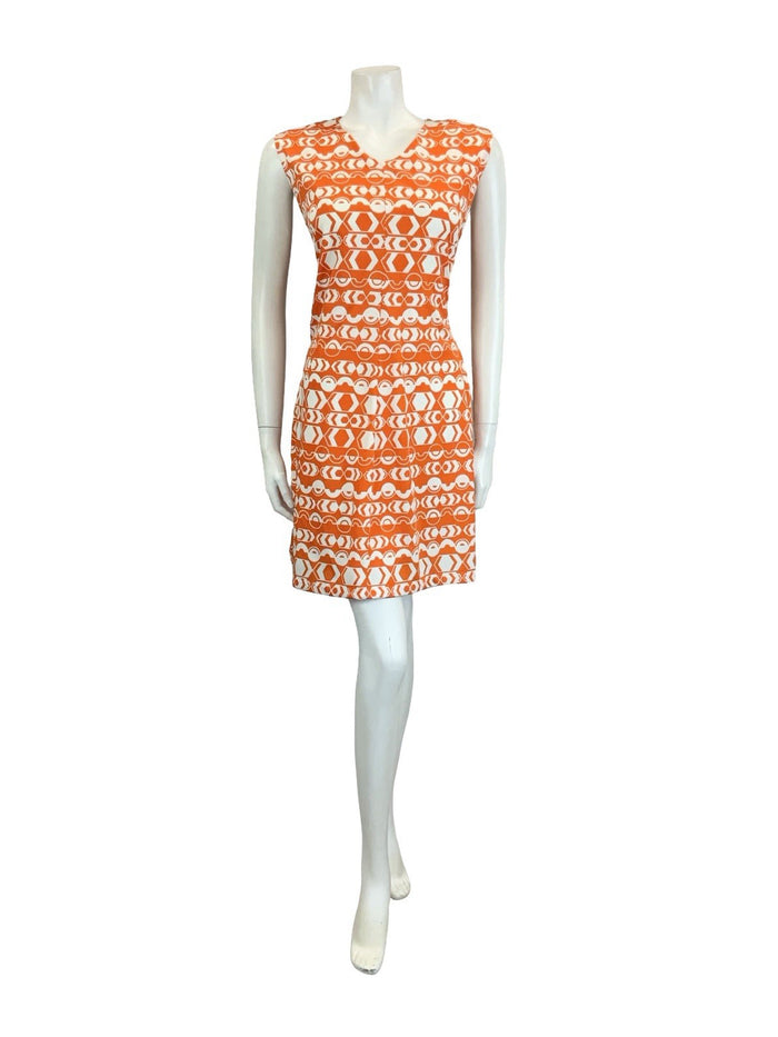 VTG 60S 70S ORANGE WHITE MOD GEOMETRIC V NECK A LINE STRIPE DRESS 10