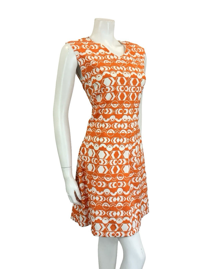 VTG 60S 70S ORANGE WHITE MOD GEOMETRIC V NECK A LINE STRIPE DRESS 10