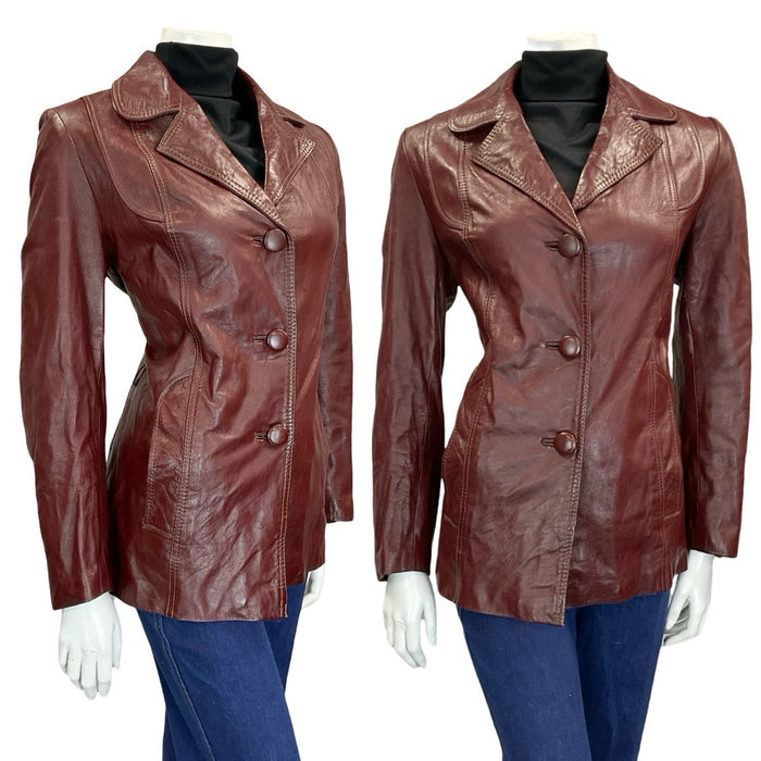 VTG 60S 70S OXBLOOD BURGUNDY RED BUTTON DOWN LEATHER BLAZER JACKET S 8 10