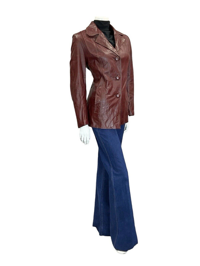 VTG 60S 70S OXBLOOD BURGUNDY RED BUTTON DOWN LEATHER BLAZER JACKET S 8 10